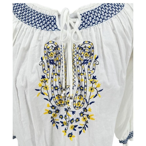 Multiples Peasant Blouse‎ Womens 1X White Blue Yellow Embroidered Cotton - Picture 4 of 9